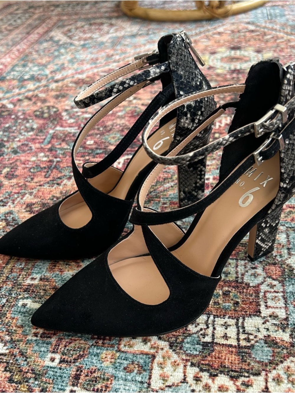 Mix No. 6 Black Suede Pointed Pumps with Snakeskin Block Heel